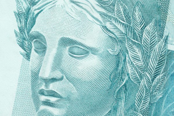 Brazilian Real - BRL currency. One hundred reais face template for economic and financial concepts.